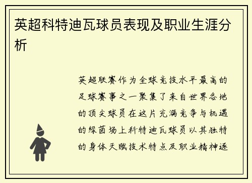 英超科特迪瓦球员表现及职业生涯分析