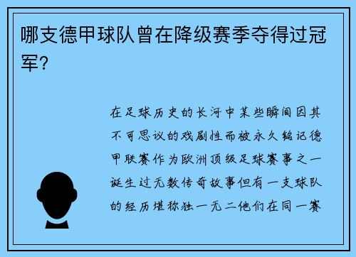 哪支德甲球队曾在降级赛季夺得过冠军？